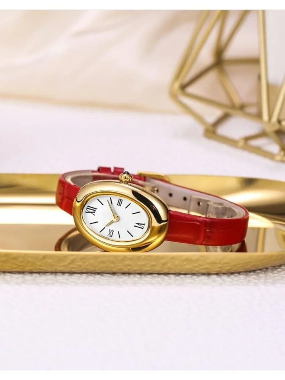 Women's Red And Gold Analog Quartz Elegant Dial Bangle Vintage Bracelet Watch